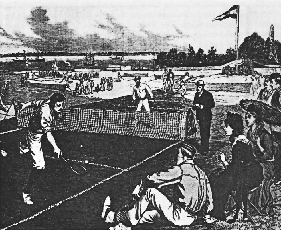 The first official tennis tournament on American soil, at the Staten Island Cricket Club grounds, 1880.